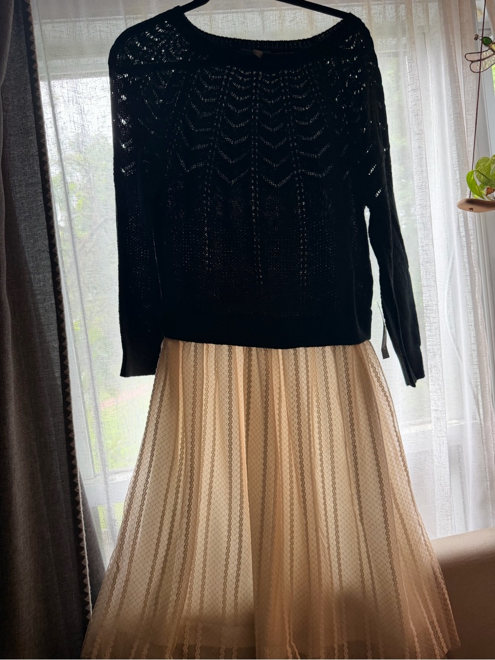 ModCloth Black Knit Sweater with Cream Pleated Midi Skirt